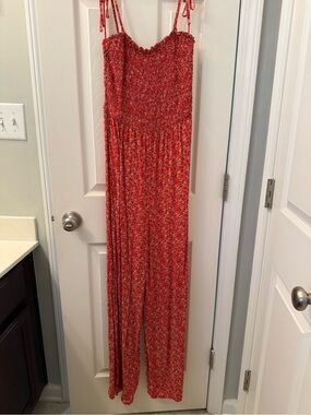 1. State Red Floral Smocked-Waist Jumpsuit with Tie Straps